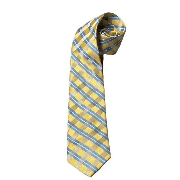 Alexander Julian Colours Mens Tie Yellow Blue Plaid Repp Striped Hand Made Silk - Picture 5 of 5